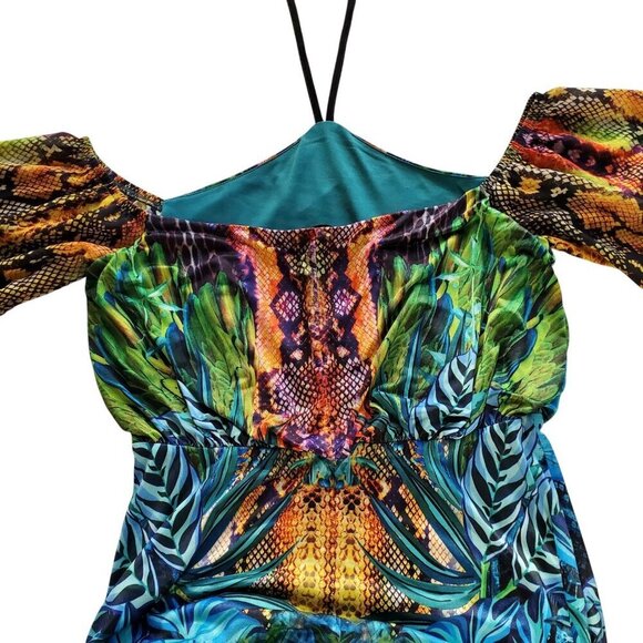 VENUS Maxi Dress Bright Colorful Tropical Print Off Shoulder Boho Flowy Long S - Picture 8 of 15